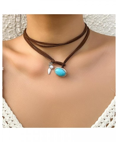 Boho Suede Turquoise Pendant Choker Necklace Brown Leather Western Jewelry Gifts for Women Girls Christmas Layered Bohemian B...