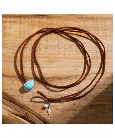 Boho Suede Turquoise Pendant Choker Necklace Brown Leather Western Jewelry Gifts for Women Girls Christmas Layered Bohemian B...