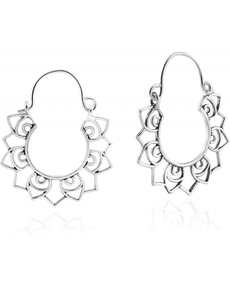 Indo Balinese Style Lotus Flower Hinged Snapback Bohemian 925 Sterling Silver Hoop Earrings, Balinese Jewelry Earrings $10.08...