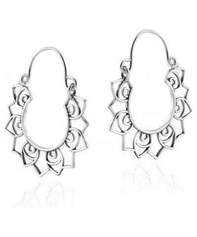 Indo Balinese Style Lotus Flower Hinged Snapback Bohemian 925 Sterling Silver Hoop Earrings, Balinese Jewelry Earrings $10.08...