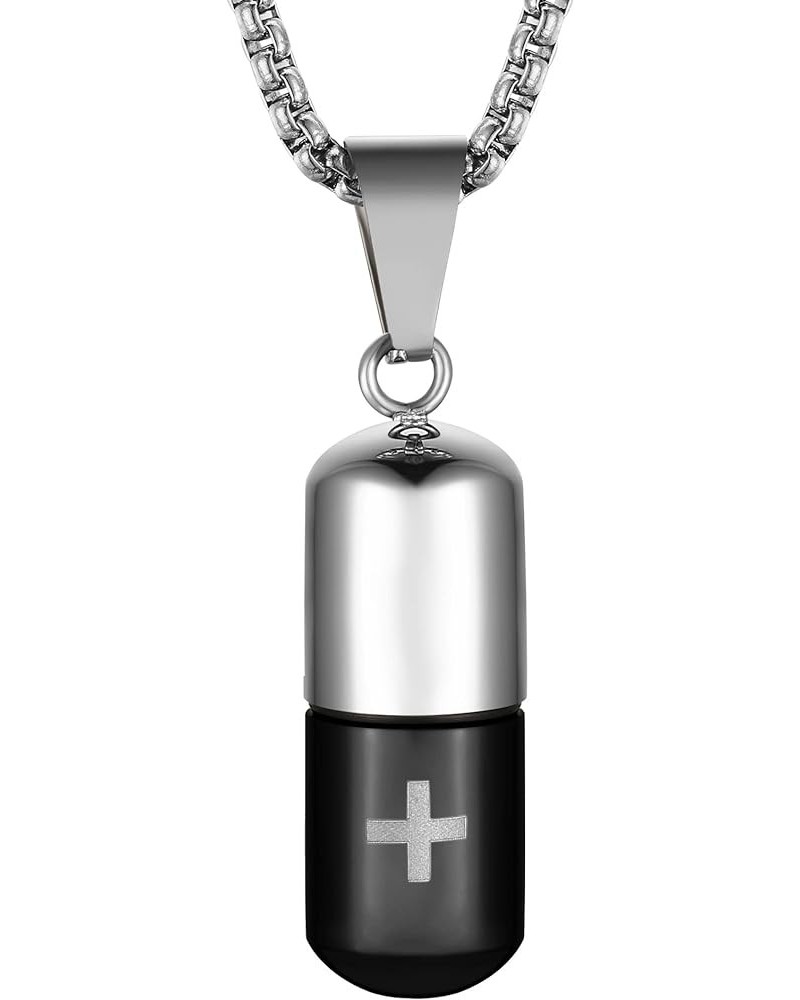 Stainless Steel Cylindrical Souvenir Capsule Pill Pendant Necklace, Cremated Ashes Pill Container Necklace Black-B $9.17 Neck...