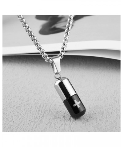 Stainless Steel Cylindrical Souvenir Capsule Pill Pendant Necklace, Cremated Ashes Pill Container Necklace Black-B $9.17 Neck...