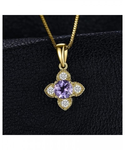 Flower Love Heart Round Natural Amethyst Pendant Neckalce for Women, 14k White Yellow Rose Gold Plated 925 Sterling Silver Ne...