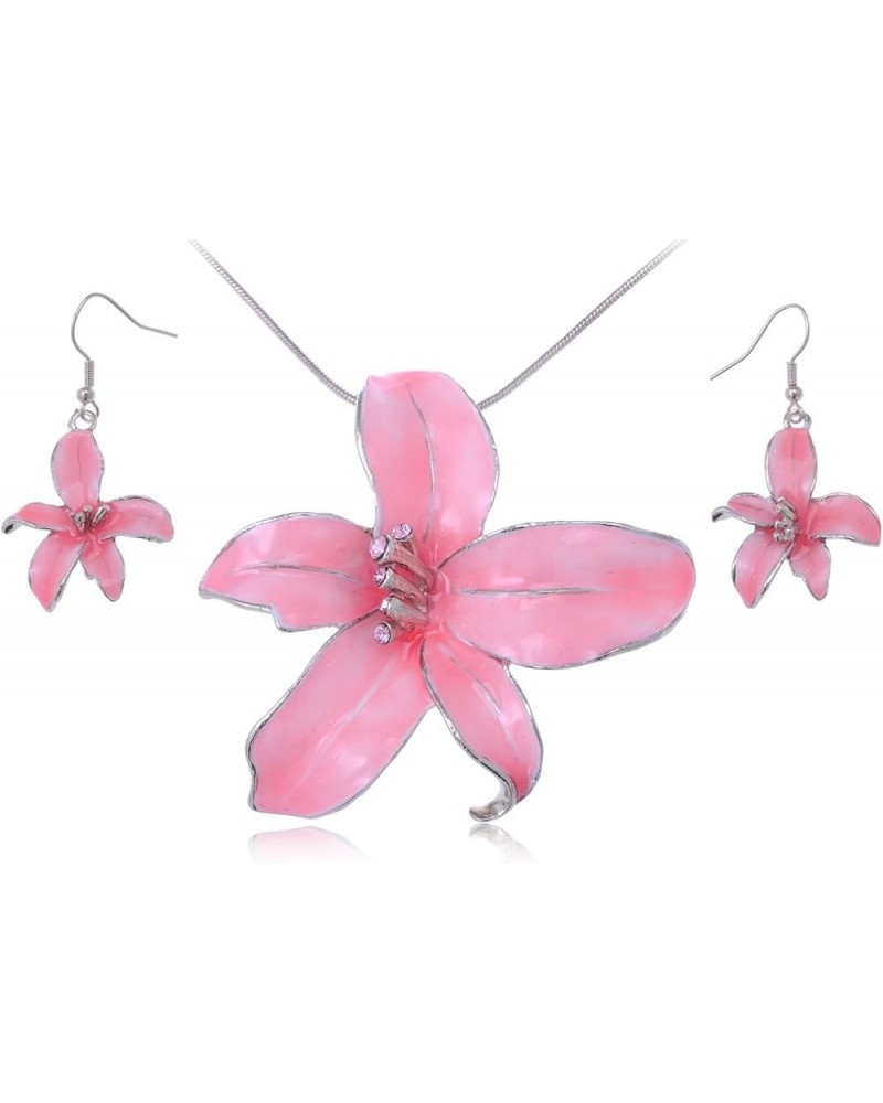 Silvery Tone Blue Pink Hawaiian Tropical Floral Pendant Necklace Dangle Earrings Set Pink $11.54 Jewelry Sets