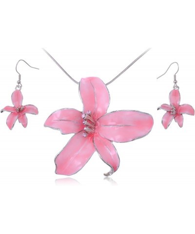 Silvery Tone Blue Pink Hawaiian Tropical Floral Pendant Necklace Dangle Earrings Set Pink $11.54 Jewelry Sets