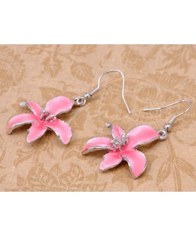 Silvery Tone Blue Pink Hawaiian Tropical Floral Pendant Necklace Dangle Earrings Set Pink $11.54 Jewelry Sets