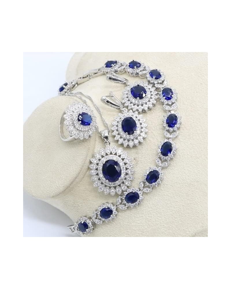 Natural Blue Sapphire Topaz White Zircon Silver 925 Jewelry Sets for Women Party Earrings Pendant Necklace Rings Bracelet Dar...