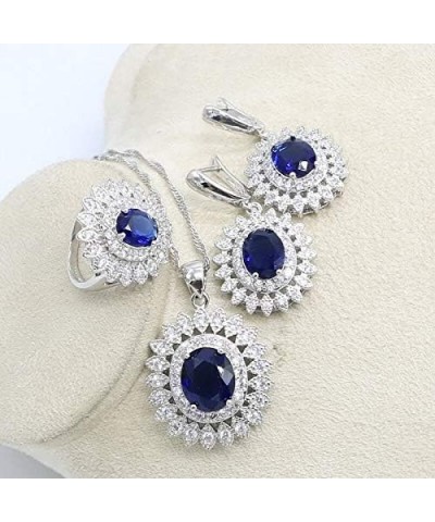 Natural Blue Sapphire Topaz White Zircon Silver 925 Jewelry Sets for Women Party Earrings Pendant Necklace Rings Bracelet Dar...