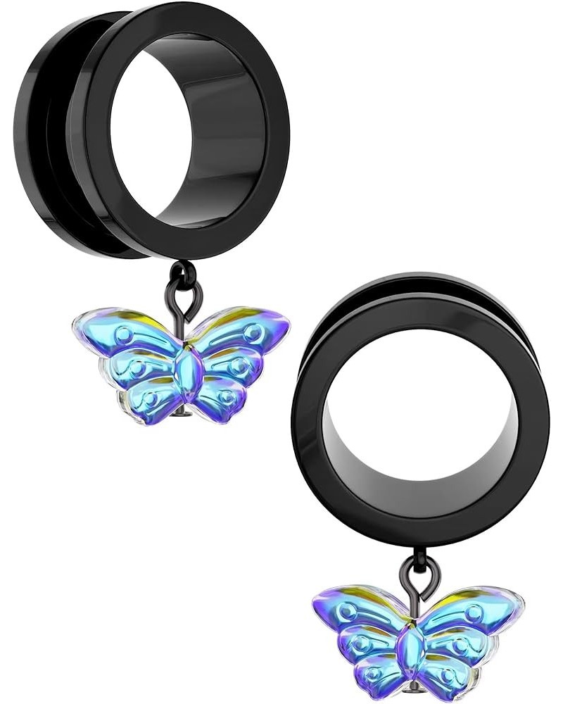 2PCS Black Dangle Ear Gauges for Women Screw On Plug Earrings Surgical Steel Butterfly Ear Tunnels Plugs Gauges Earrings 8g 6...