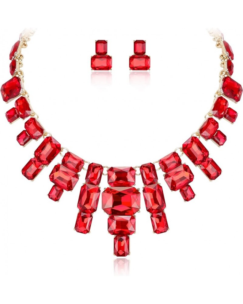 Women's Statement Jewelry Set, Vintage Rhinestone Crystal Art Deco Costume Chunky Collar Necklace Stud Earrings Set Red $10.0...