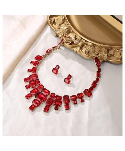 Women's Statement Jewelry Set, Vintage Rhinestone Crystal Art Deco Costume Chunky Collar Necklace Stud Earrings Set Red $10.0...