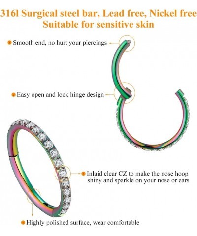 20G, 18G, 16G, 14G Hinged Nose Rings Hoop with Gem in 316L Surgical Steel, Septum Clicker Cartilage Earrings Conch Daith Heli...