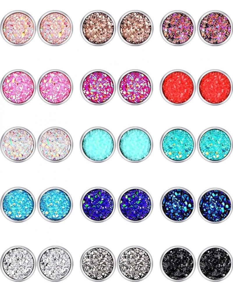 15 Pairs Druzy Stud Bulk Earrings Set Stainless Steel Round post Earrings Bohemian Pierced Earrings Jewelry for Women 8.0 Mil...